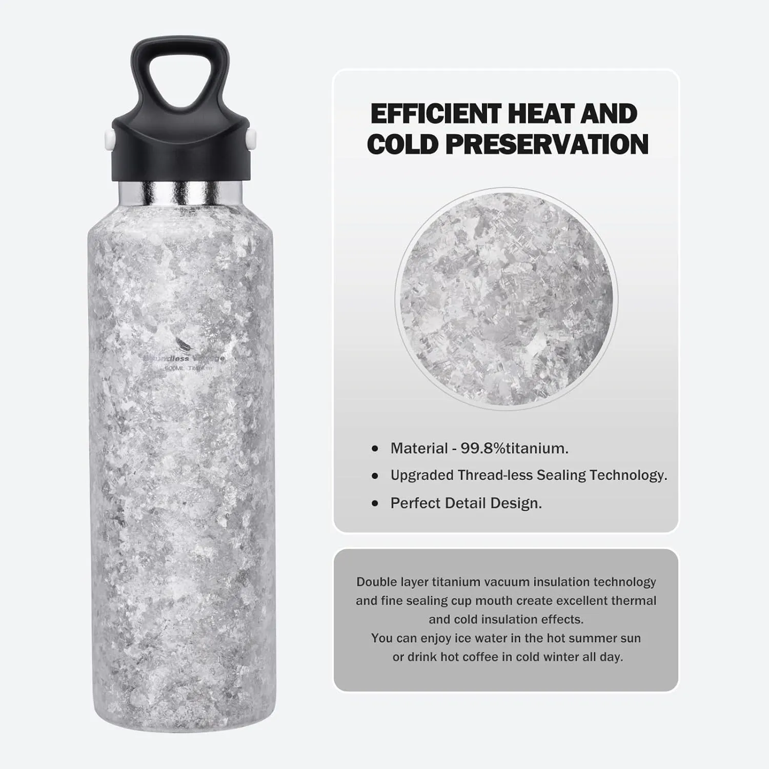 Boundless Voyage Titanium Vacuum Water Bottle Double-Walled Insulated Cup Lightweight and Leak-Proof Travel Outdoor Office School Sport Bottle (600ml silver)