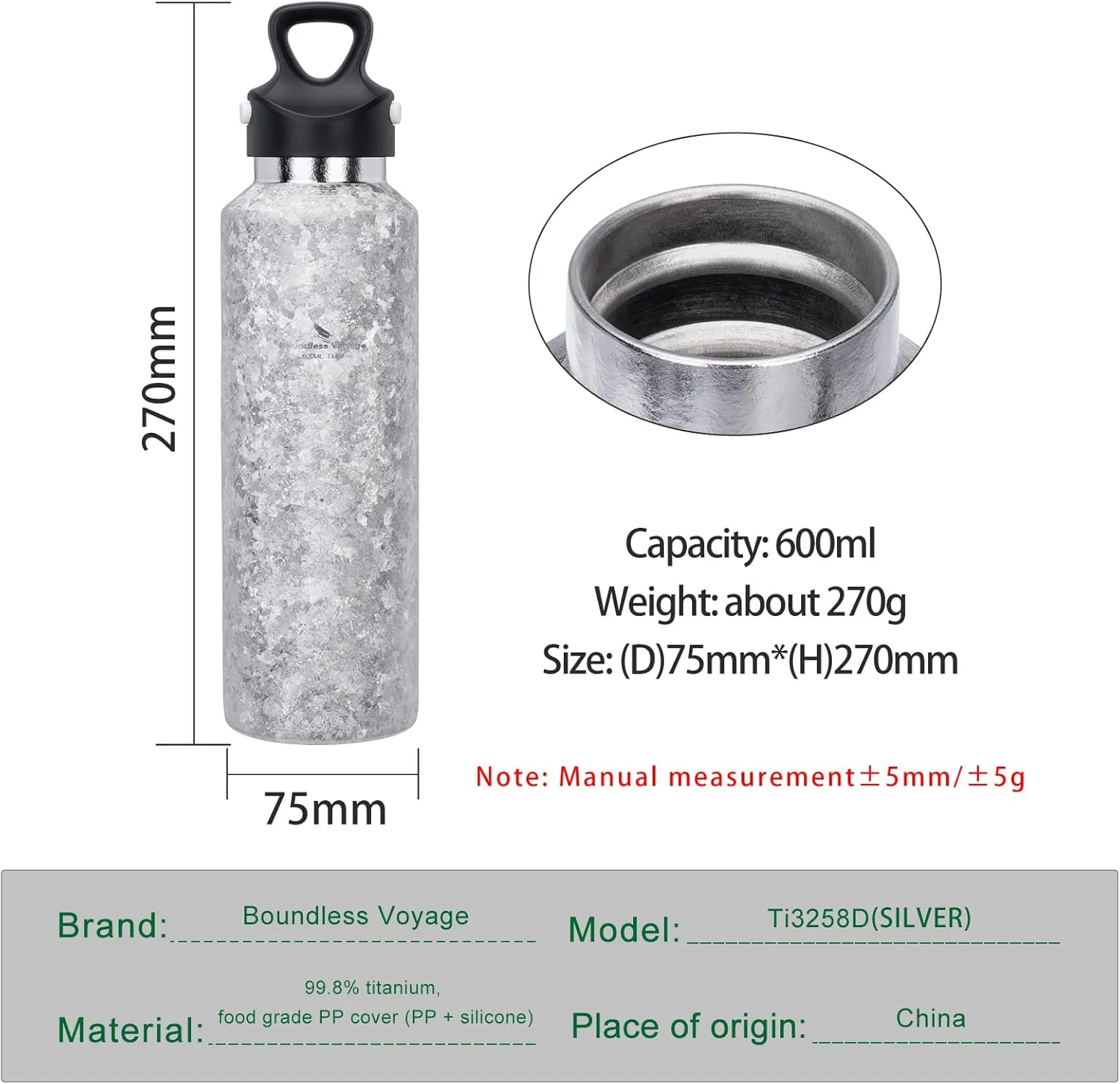 Boundless Voyage Titanium Vacuum Water Bottle Double-Walled Insulated Cup Lightweight and Leak-Proof Travel Outdoor Office School Sport Bottle (600ml silver)