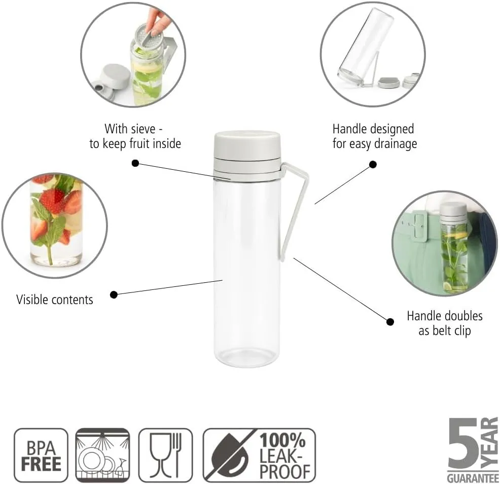 Brabantia Make & Take Water Bottle with Fruit Sieve (Light Gray) 17 fl oz Travel Drinking Bottle with Handle/Belt Clip & Infuser, BPA-Free, Leakproof, Dishwasher Safe