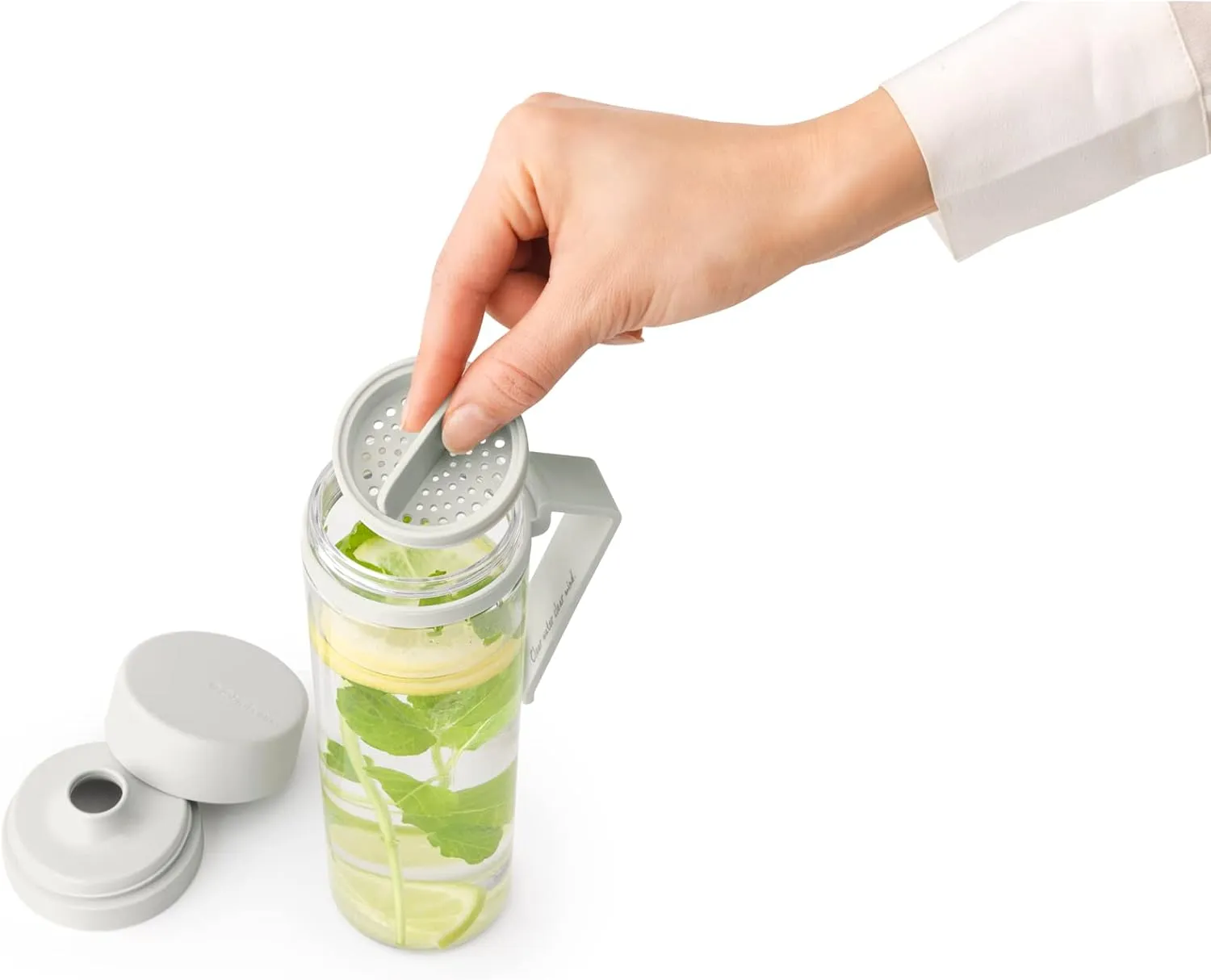 Brabantia Make & Take Water Bottle with Fruit Sieve (Light Gray) 17 fl oz Travel Drinking Bottle with Handle/Belt Clip & Infuser, BPA-Free, Leakproof, Dishwasher Safe