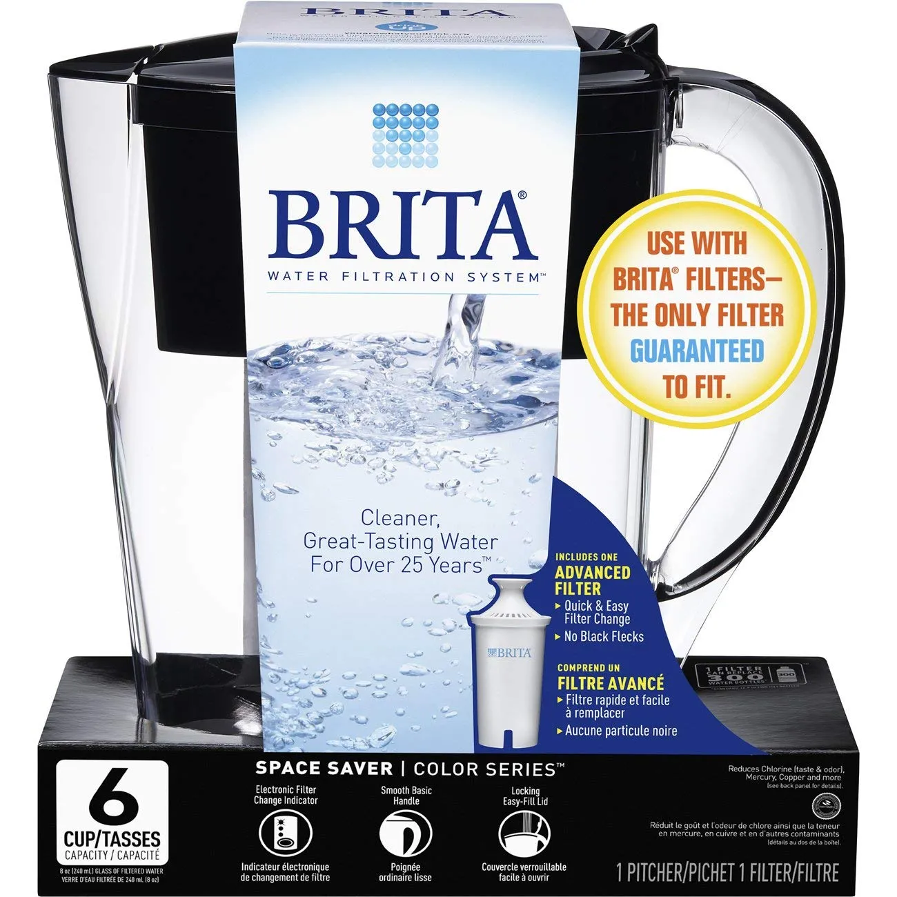 Brita Space Saver Water Filter Pitcher-Black-6 Cup