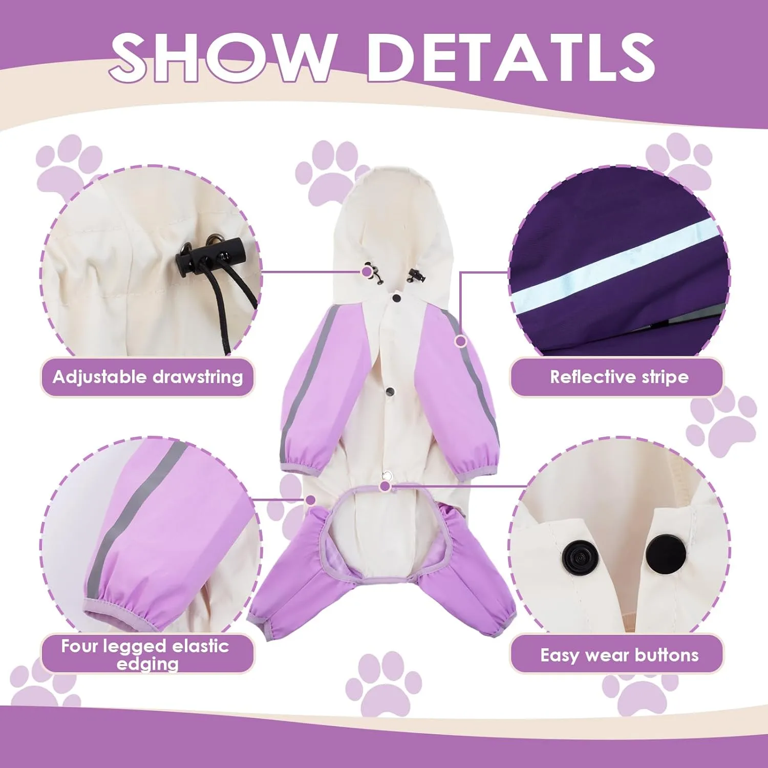 BRKURLEG Small Dog Raincoat, 4 Legs Dog Rain Jacket, Pet Waterproof Rainproof Jacket with Leash Hole Reflective Pet Poncho for Small Dogs Boy Girl, Purple XL