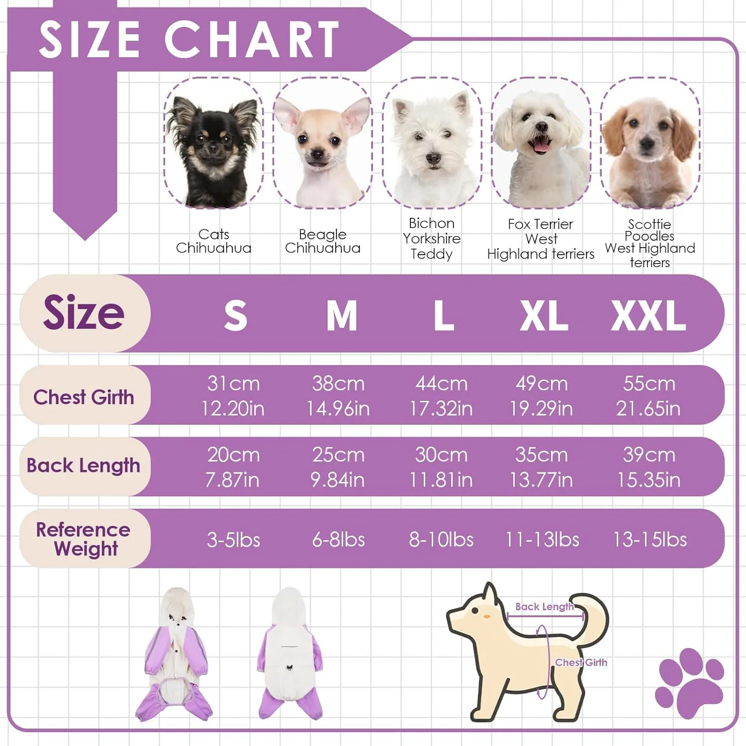 BRKURLEG Small Dog Raincoat, 4 Legs Dog Rain Jacket, Pet Waterproof Rainproof Jacket with Leash Hole Reflective Pet Poncho for Small Dogs Boy Girl, Purple XL