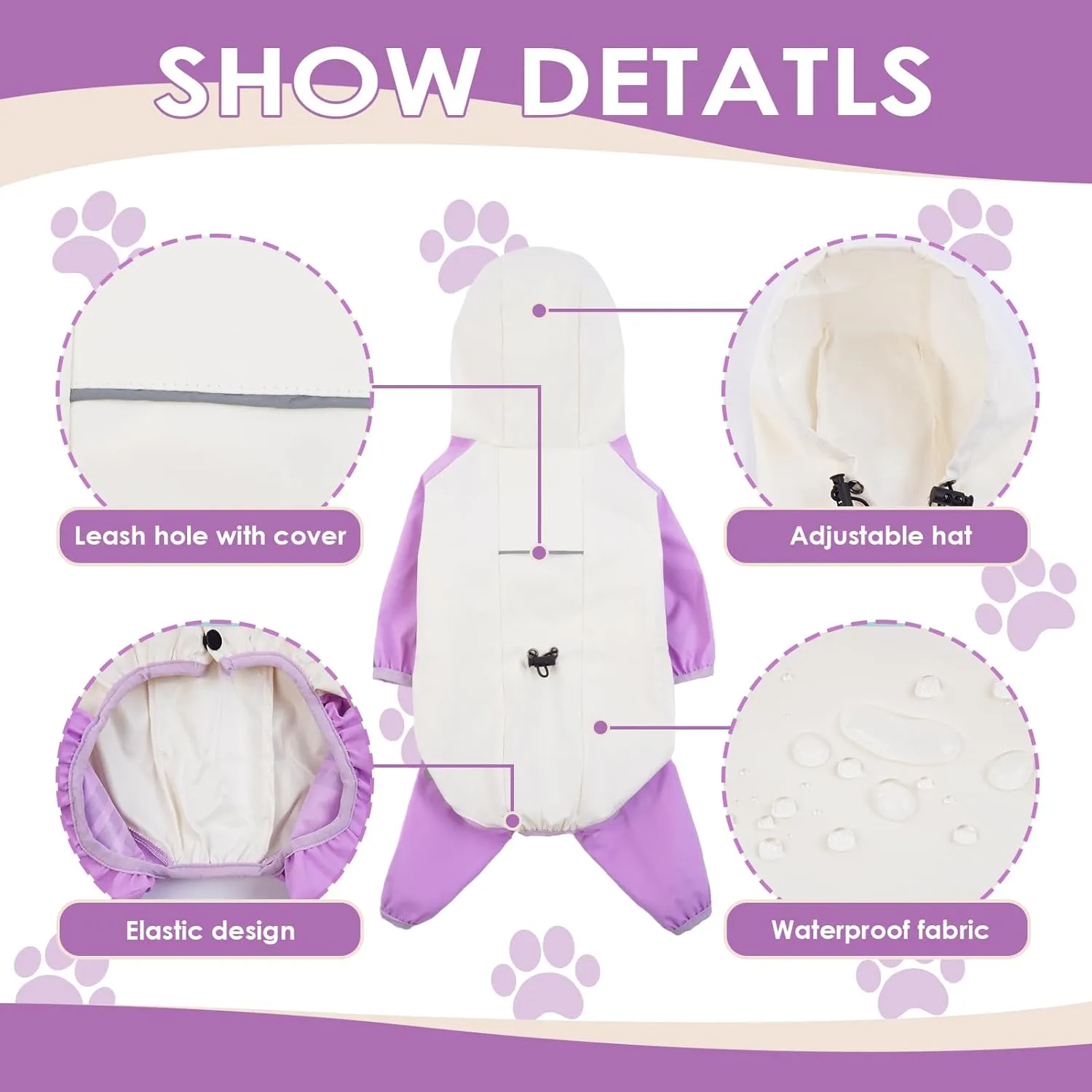 BRKURLEG Small Dog Raincoat, 4 Legs Dog Rain Jacket, Pet Waterproof Rainproof Jacket with Leash Hole Reflective Pet Poncho for Small Dogs Boy Girl, Purple XL