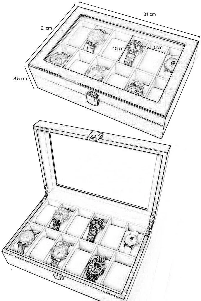 Brown Watch Box - Mens Watch Display Case 6/10/12 Slot Solid Wood Watch Display Box Organizer Glass Holder for Jewelry Storage and Decoration