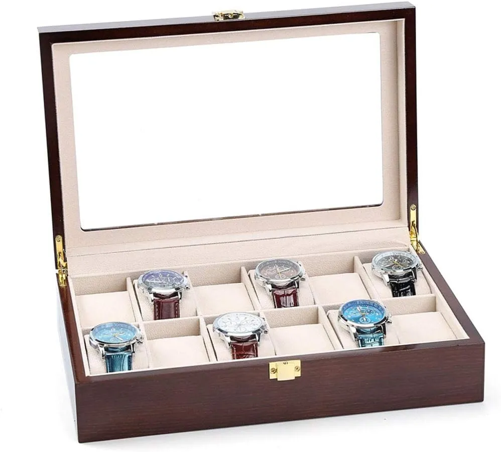 Brown Watch Box - Mens Watch Display Case 6/10/12 Slot Solid Wood Watch Display Box Organizer Glass Holder for Jewelry Storage and Decoration