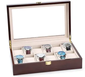 Brown Watch Box - Mens Watch Display Case 6/10/12 Slot Solid Wood Watch Display Box Organizer Glass Holder for Jewelry Storage and Decoration