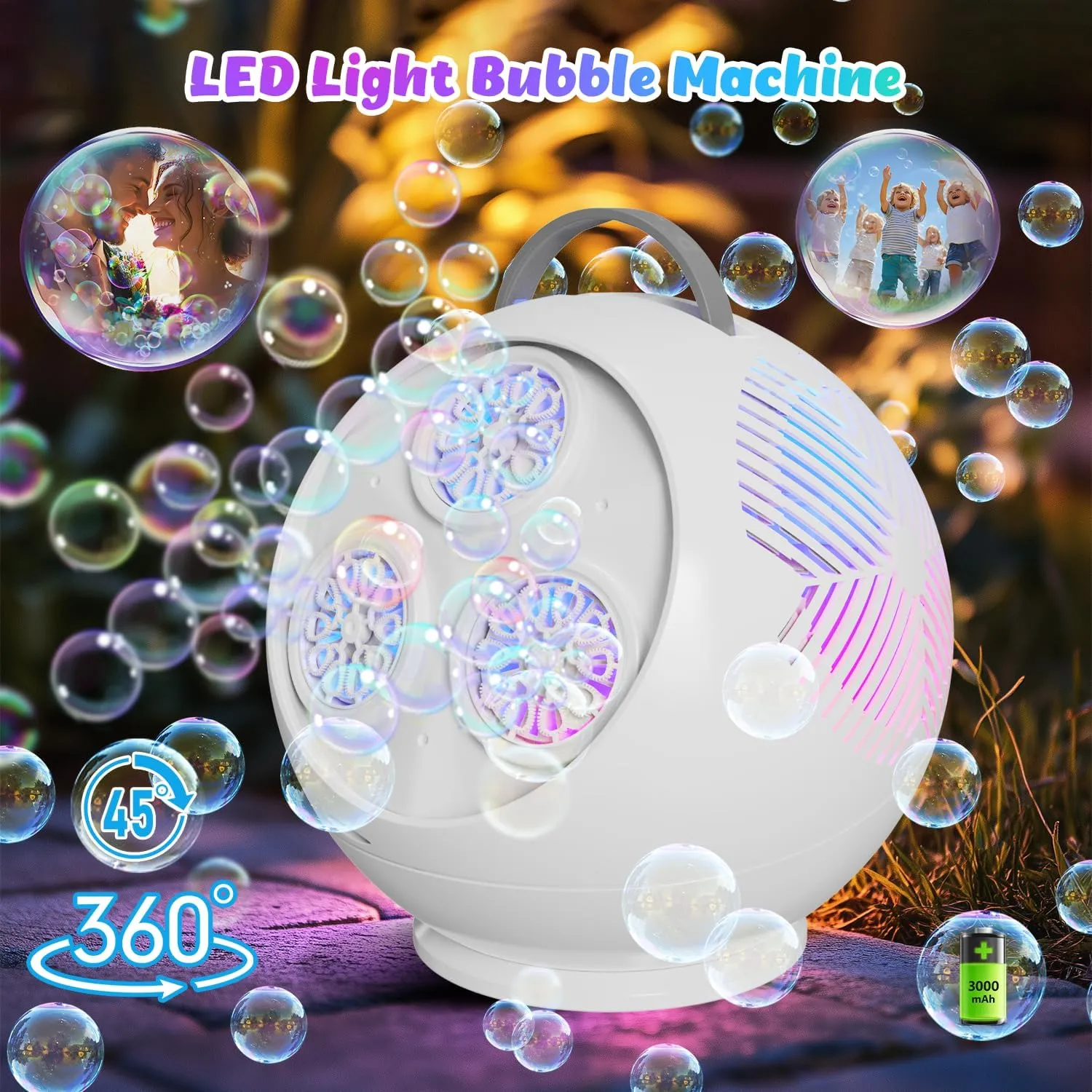 Bubble Machine for Kids Toddlers,45°/360° Automatic Rotation Spherical Bubble Maker Toy with RGB Light,Rechargeable Type-C Charge Bubble Blower,Outdoor Wedding Party Birthday Gifts (White)