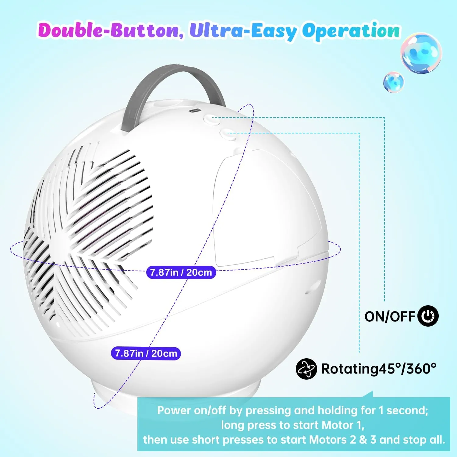 Bubble Machine for Kids Toddlers,45°/360° Automatic Rotation Spherical Bubble Maker Toy with RGB Light,Rechargeable Type-C Charge Bubble Blower,Outdoor Wedding Party Birthday Gifts (White)