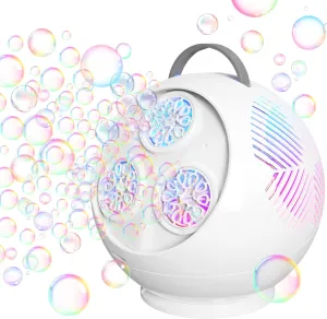 Bubble Machine for Kids Toddlers,45°/360° Automatic Rotation Spherical Bubble Maker Toy with RGB Light,Rechargeable Type-C Charge Bubble Blower,Outdoor Wedding Party Birthday Gifts (White)