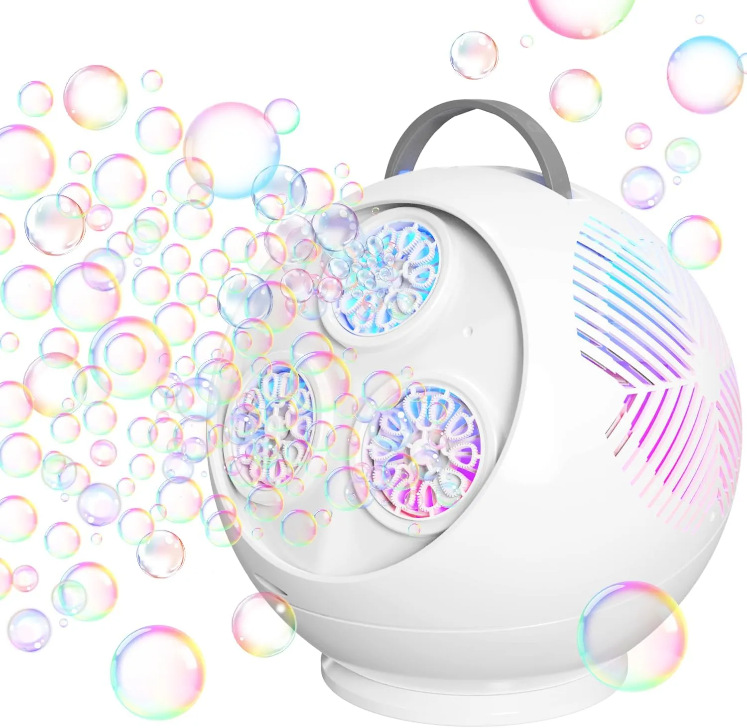 Bubble Machine for Kids Toddlers,45°/360° Automatic Rotation Spherical Bubble Maker Toy with RGB Light,Rechargeable Type-C Charge Bubble Blower,Outdoor Wedding Party Birthday Gifts (White)