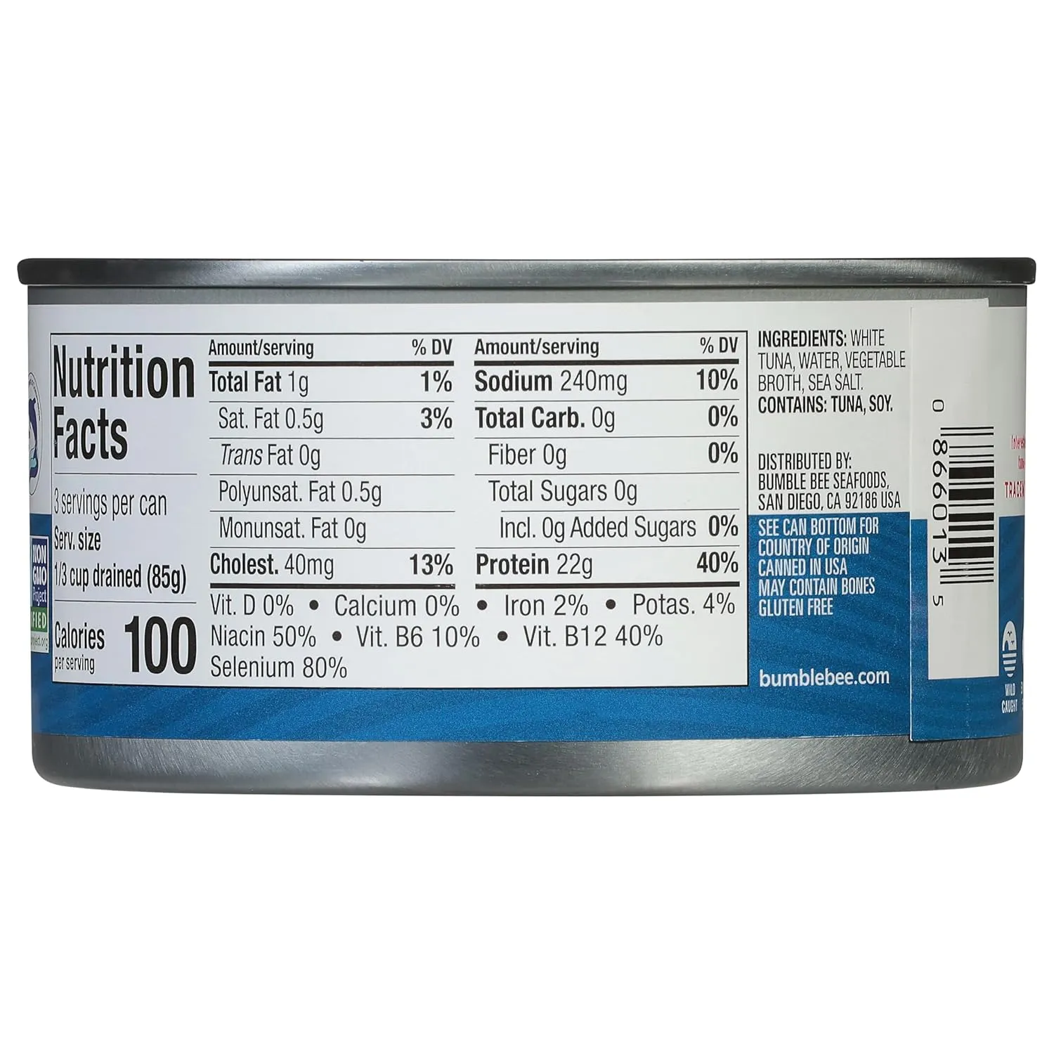 Bumble Bee Solid White Albacore Tuna in Water, 12 oz Can (Pack of 12) - Wild Caught Tuna - 22g Protein per Serving, High in Omega-3s - Non-GMO Project Verified, Gluten Free, Kosher