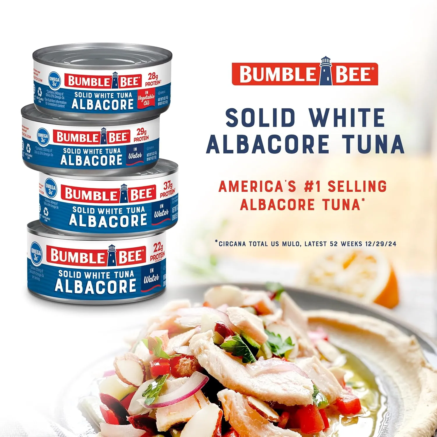 Bumble Bee Solid White Albacore Tuna in Water, 5 oz Can (Pack of 24) - Wild Caught Tuna - 29g Protein per Serving, High in Omega-3s - Non-GMO Project Verified, Gluten Free, Kosher
