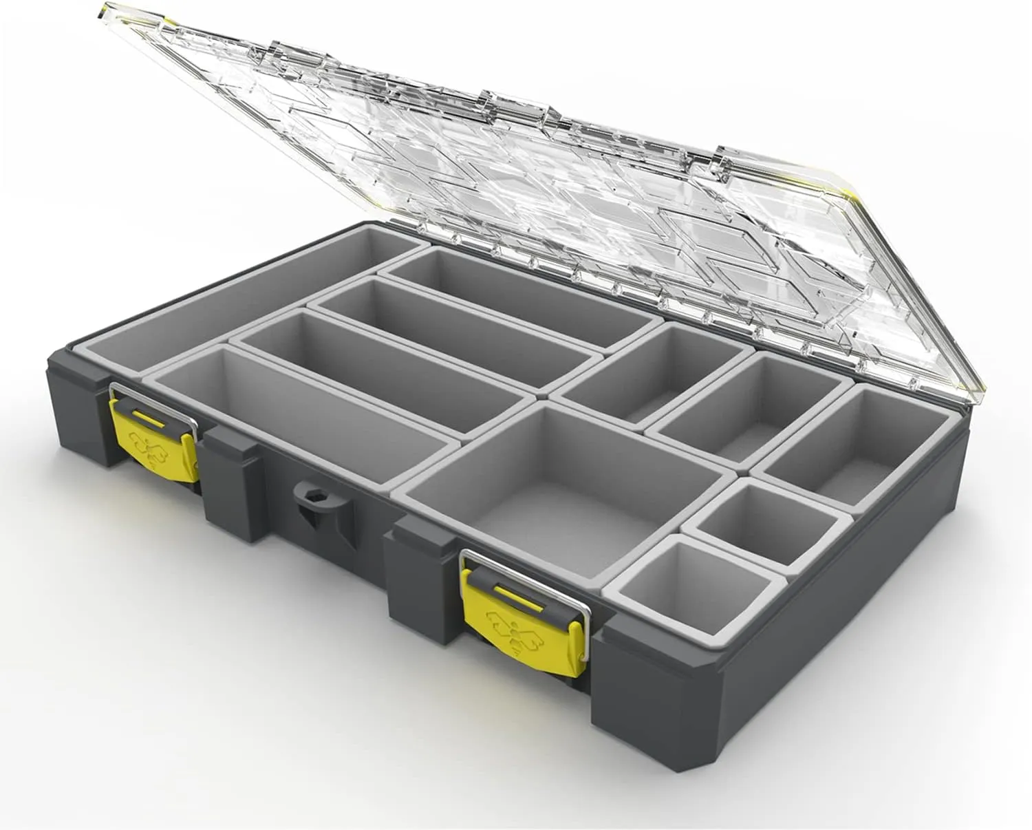 BUZBE Colony 28 Modular, Customizable Waterproof , Dry Box, Plastic Storage Organizer Box, Saltwater Tackle Box, Parts Box, Grey and Yellow