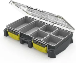 BUZBE Colony 8T (Thin) Modular Tackle Box, Customizable Waterproof Tackle Box, Plastic Organizer Box, Fishing Tackle Storage, Small Parts Box, Terminal Tackle Storage, Grey and Yellow