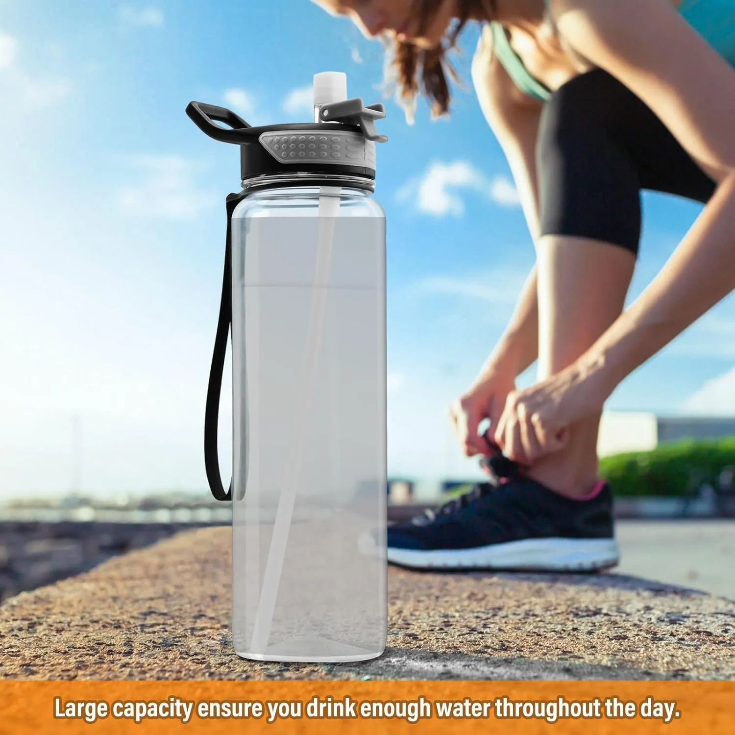 Caikeny Personalized Custom Water Bottle with Straw Grey Sports Bottles BPA-Free Tritan Water Jug with Carrying Strap for Gym Office Outdoor Sports
