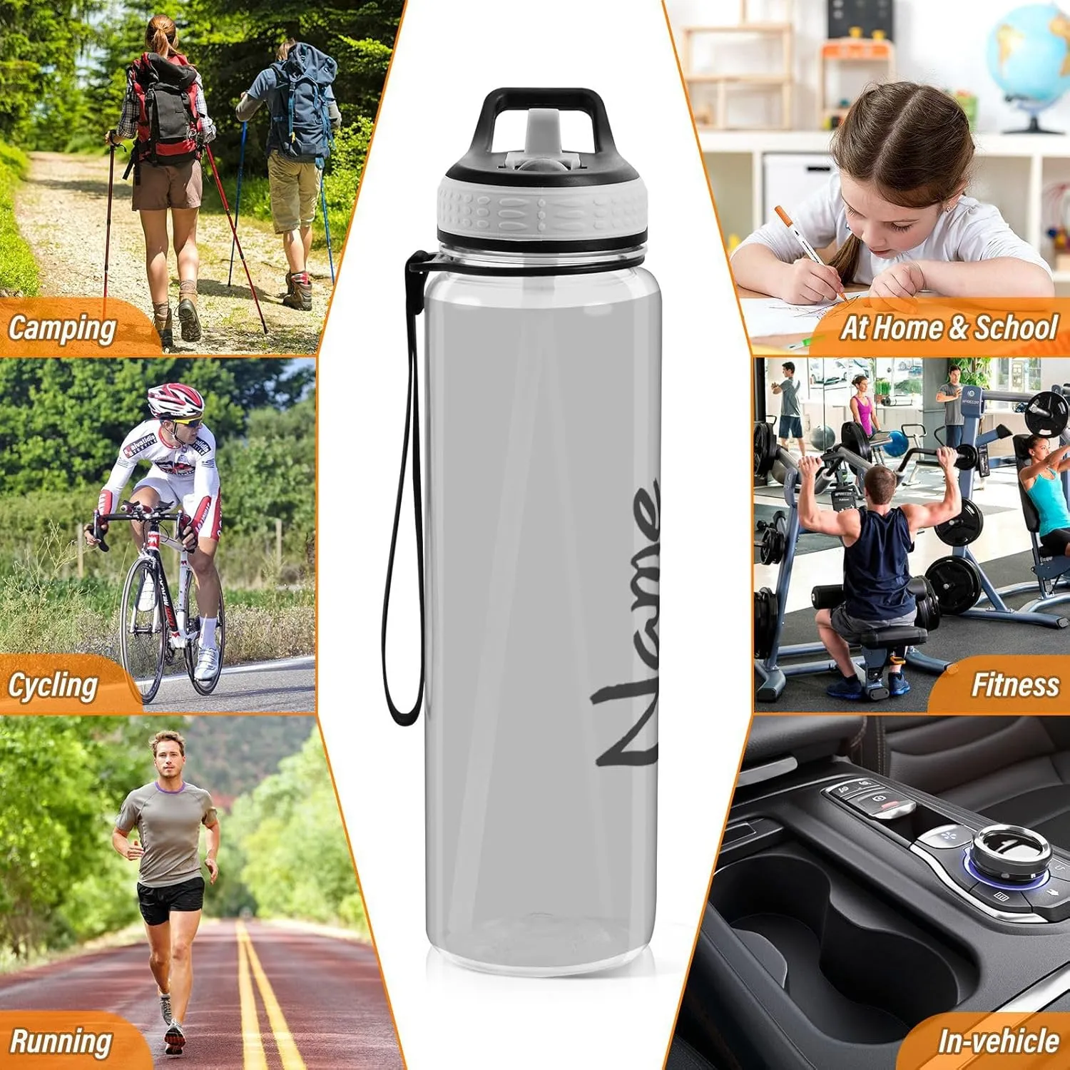Caikeny Personalized Custom Water Bottle with Straw Grey Sports Bottles BPA-Free Tritan Water Jug with Carrying Strap for Gym Office Outdoor Sports