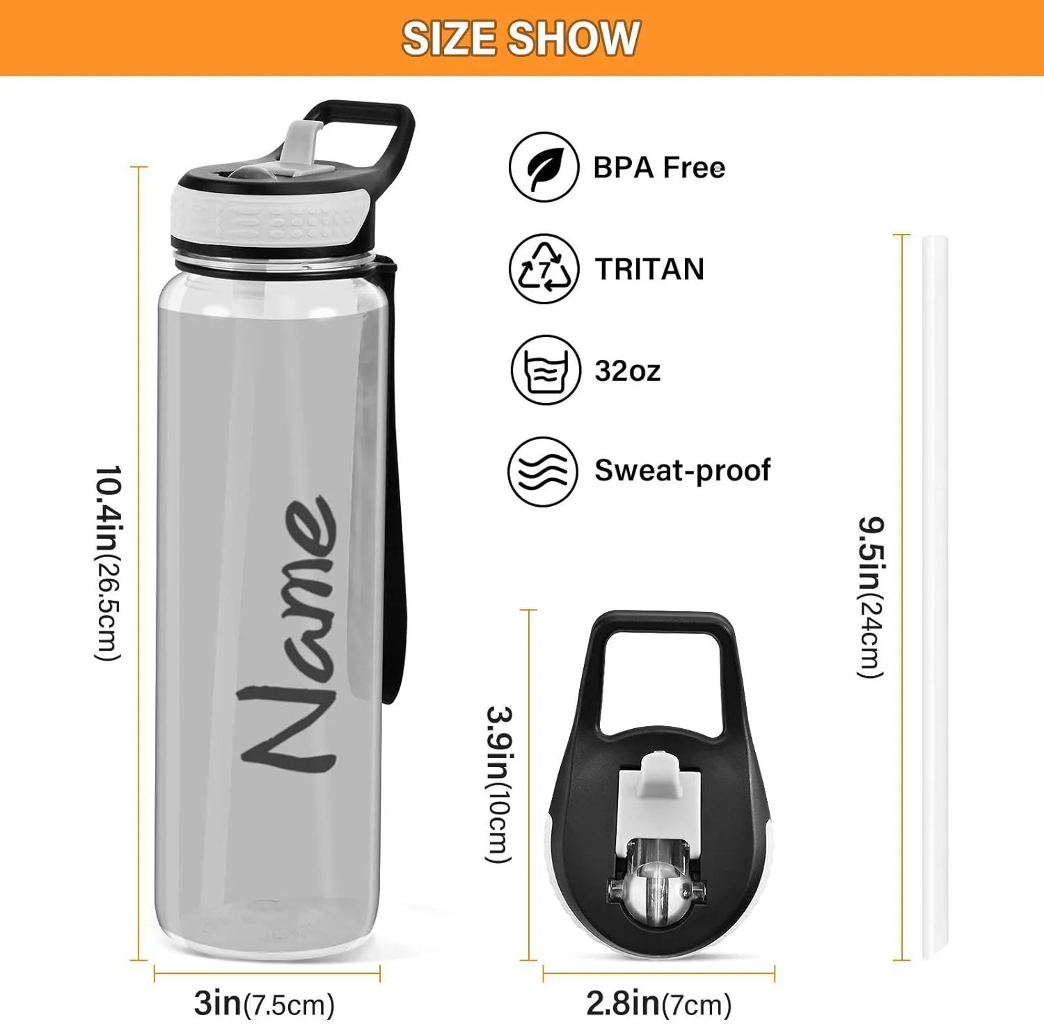 Caikeny Personalized Custom Water Bottle with Straw Grey Sports Bottles BPA-Free Tritan Water Jug with Carrying Strap for Gym Office Outdoor Sports