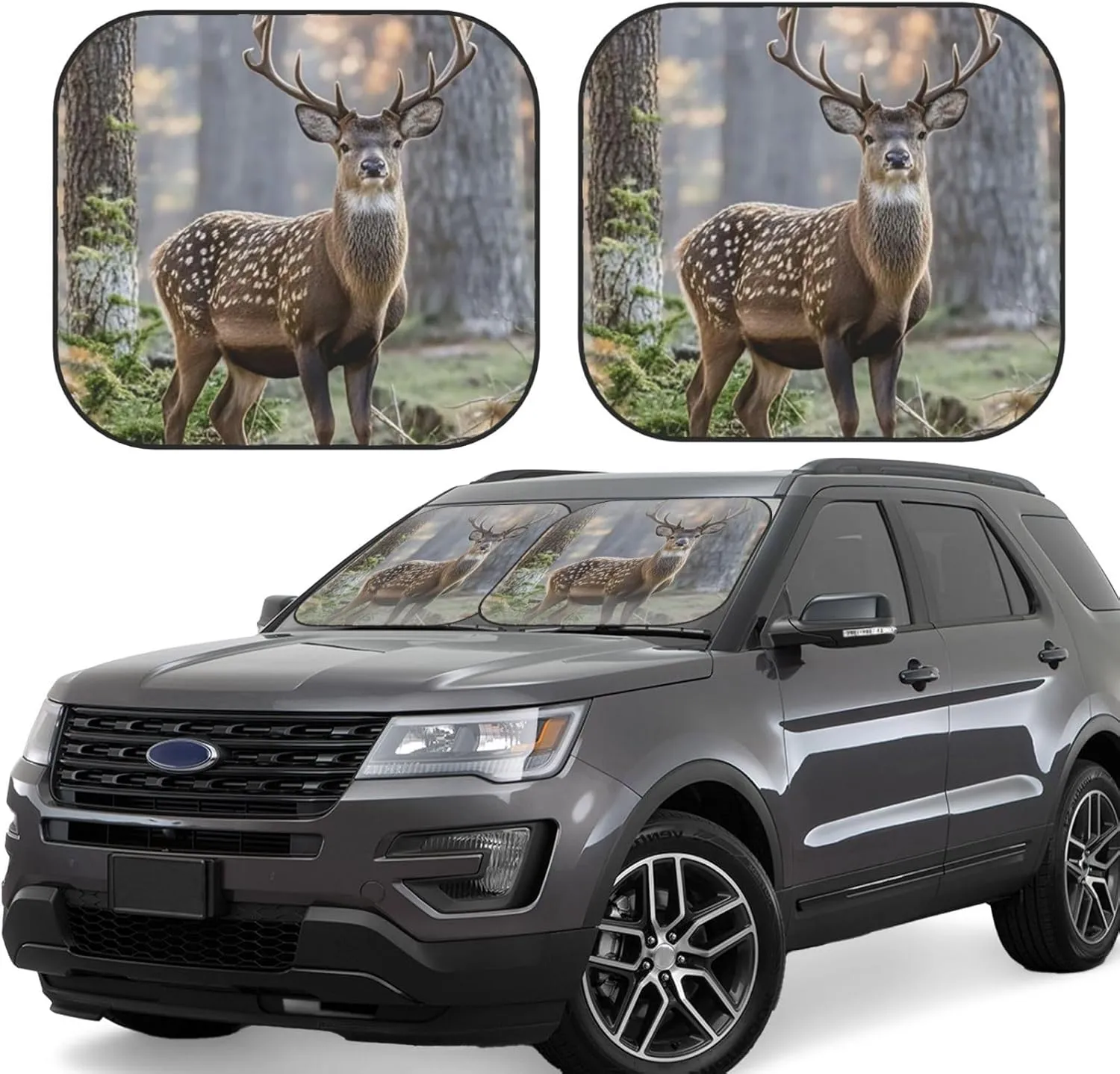 Camouflage Deer Windshield Sun Shade 2 PCS Foldable Car Front Window Sunshade for Sun, Heat and UV Rays Auto Sun Blocker Visor Protector with Storage Bag for Cars, SUVs Medium