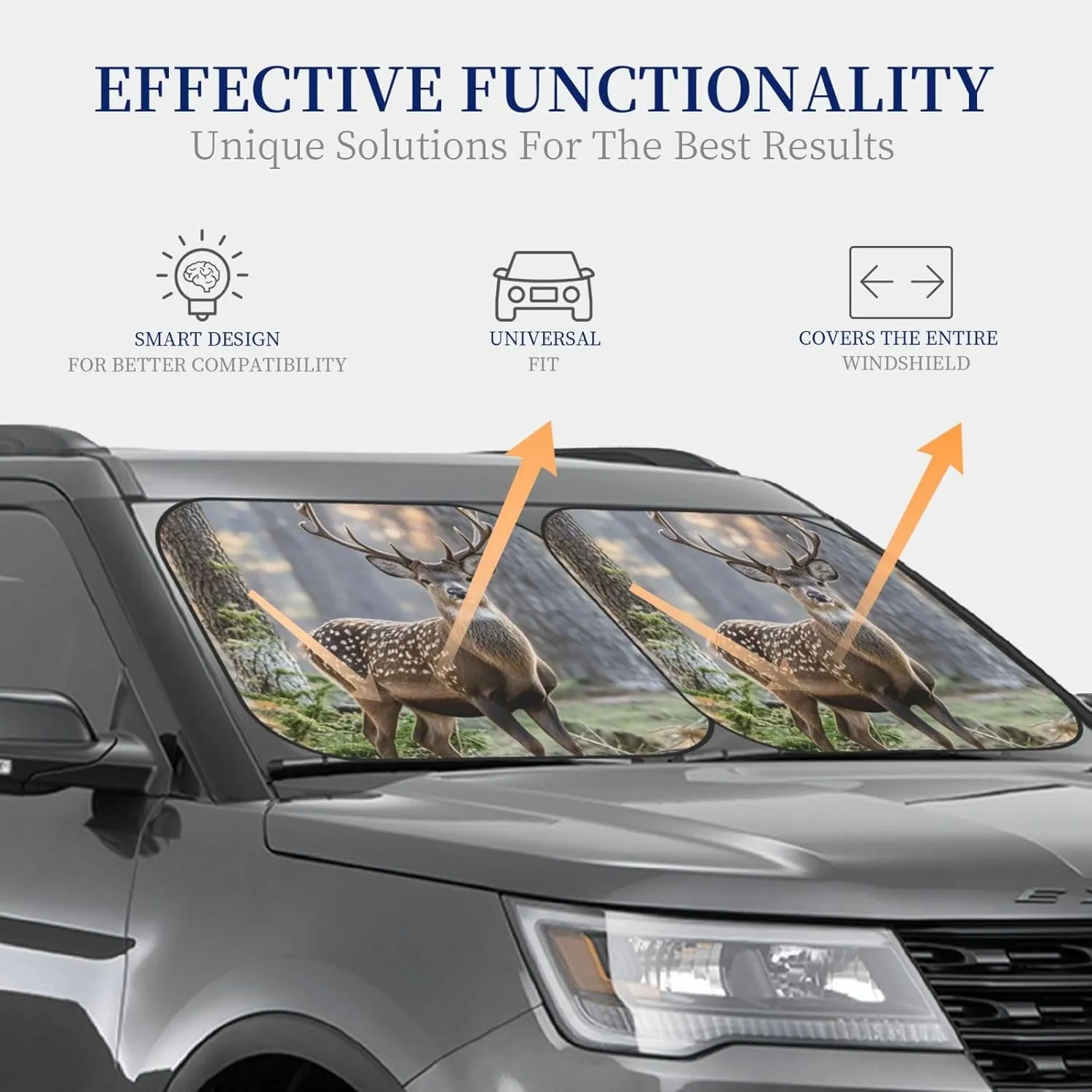 Camouflage Deer Windshield Sun Shade 2 PCS Foldable Car Front Window Sunshade for Sun, Heat and UV Rays Auto Sun Blocker Visor Protector with Storage Bag for Cars, SUVs Medium