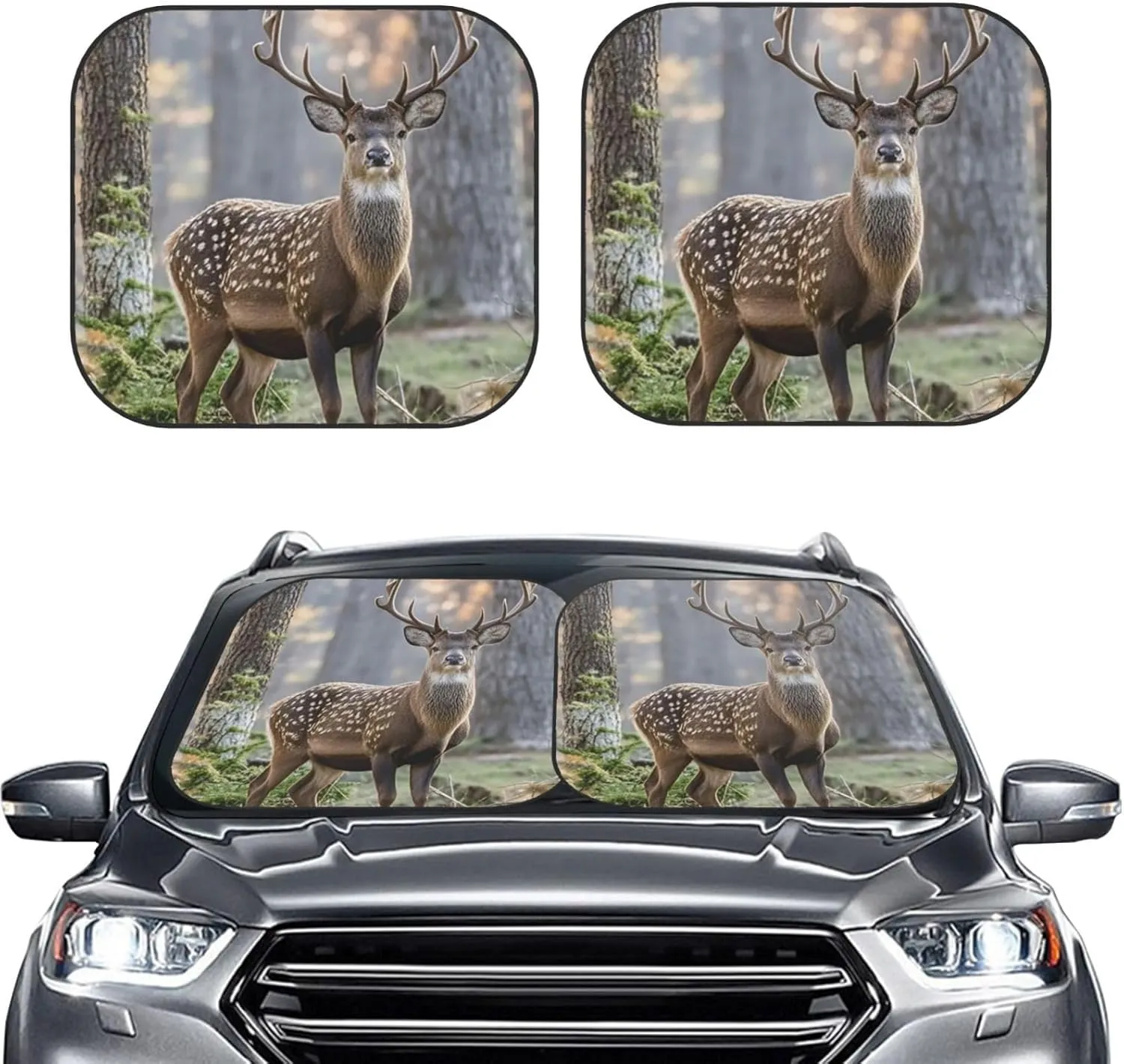 Camouflage Deer Windshield Sun Shade 2 PCS Foldable Car Front Window Sunshade for Sun, Heat and UV Rays Auto Sun Blocker Visor Protector with Storage Bag for Cars, SUVs Medium