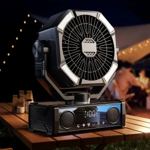 Camping Fan with 5.3 Bluetooth Speaker, 25000mAh Portable Fan Rechargeable with 5 Speed Touch Control & 3-Mode LED Light, Remote, USB/Type-C Ports, 1-8H Timer for Party, Travel, BBQ, Indoor