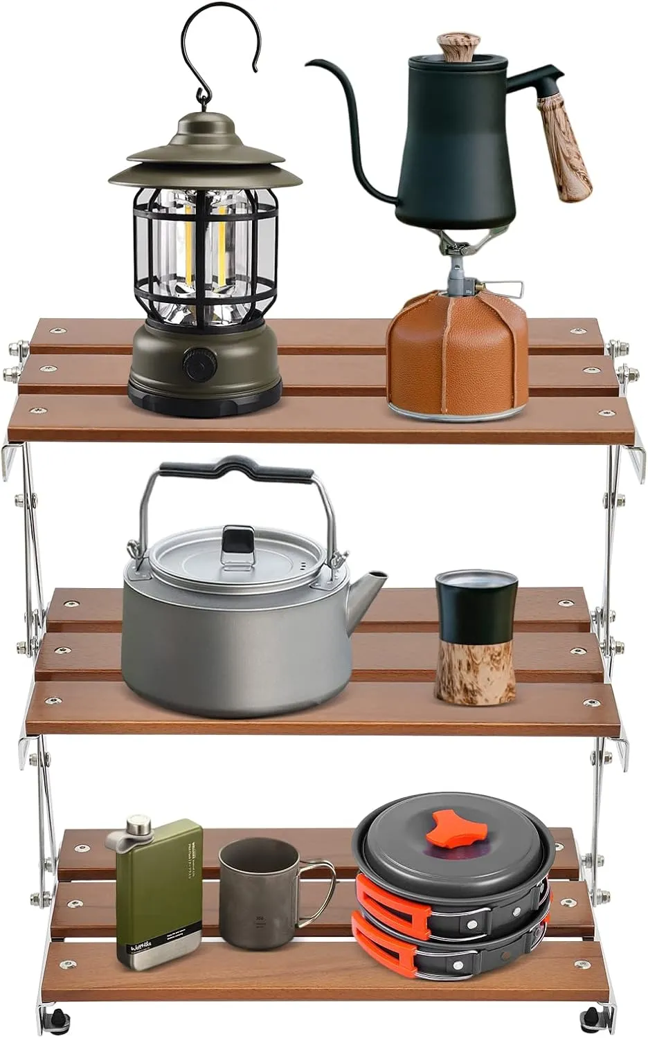 Camping Folding Storage Rack 3-Tier Natural Wood Desktop organizing Rack Multi-Function Indoor Outdoor Household Storage Shelf