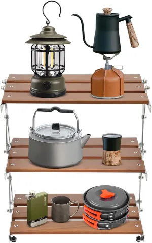 Camping Folding Storage Rack 3-Tier Natural Wood Desktop organizing Rack Multi-Function Indoor Outdoor Household Storage Shelf
