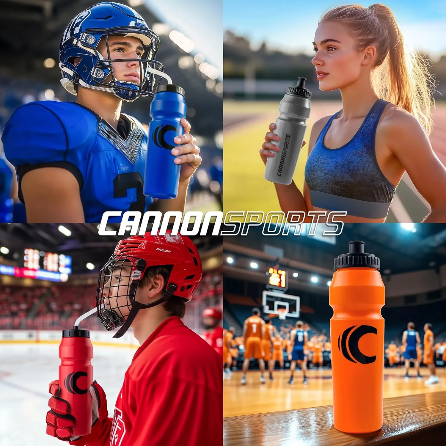 Cannon Sports 1 Liter Sports Water Bottle, BPA-Free, 34 Oz Capacity, Large Mouth, 2 lids (Straw and Squeeze), Great For Helmet Sports Such As Hockey, Lacrosse, Football, Boxing (2 Pack) (Gray)