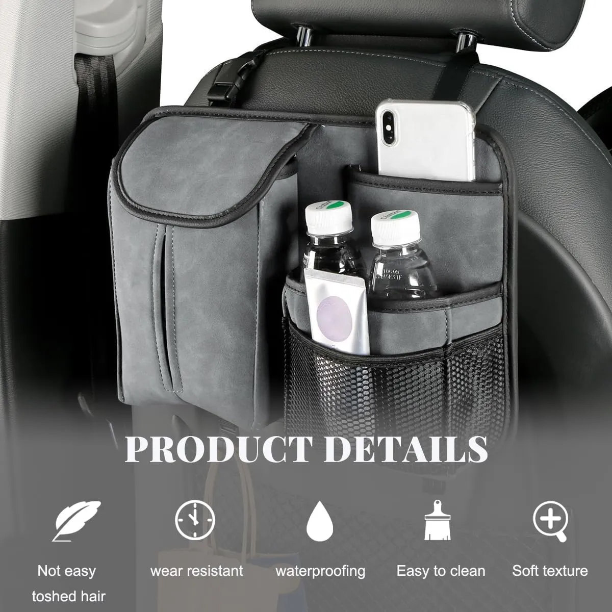 Car Back Seat Organizer, Multi Pockets Car Hanging Seat Back Headrest Organizer with Hook, Durable Car Seat Storage Bag, Universal Travel Accessories with Tissue Box Net Pocket (Gray)