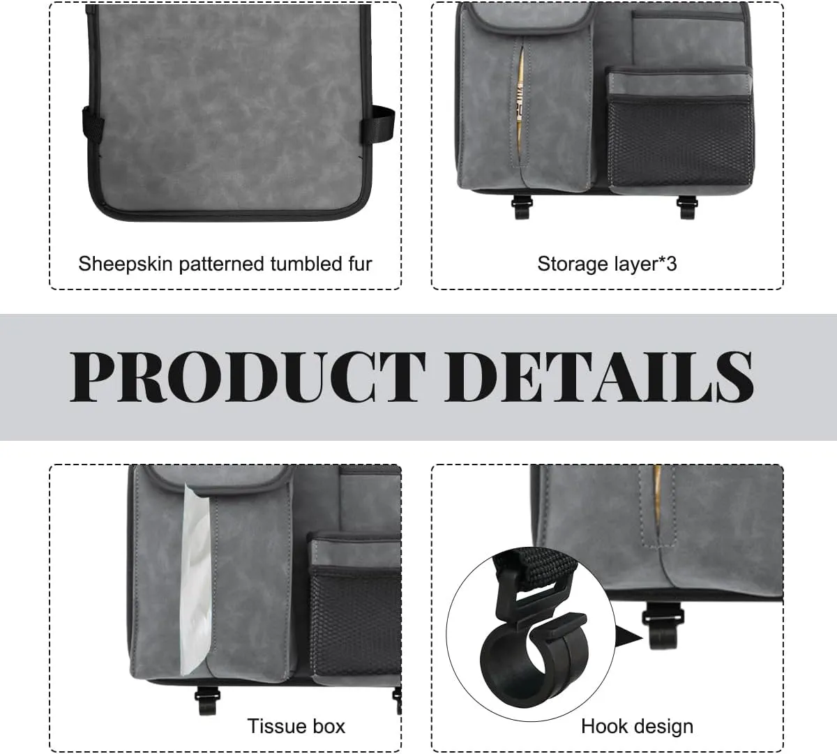 Car Back Seat Organizer, Multi Pockets Car Hanging Seat Back Headrest Organizer with Hook, Durable Car Seat Storage Bag, Universal Travel Accessories with Tissue Box Net Pocket (Gray)