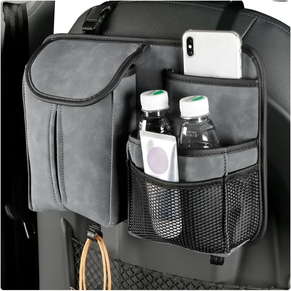 Car Back Seat Organizer, Multi Pockets Car Hanging Seat Back Headrest Organizer with Hook, Durable Car Seat Storage Bag, Universal Travel Accessories with Tissue Box Net Pocket (Gray)