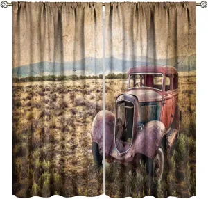 Car Farm Truck Decor Window Curtain Vintage American Classic Old Truck Car Farmhouse Windmill Mountain Bird Rustic Wooden for Home Kitchen Restaurant Decoration Window Curtain 2Panel 42"W X 63"L