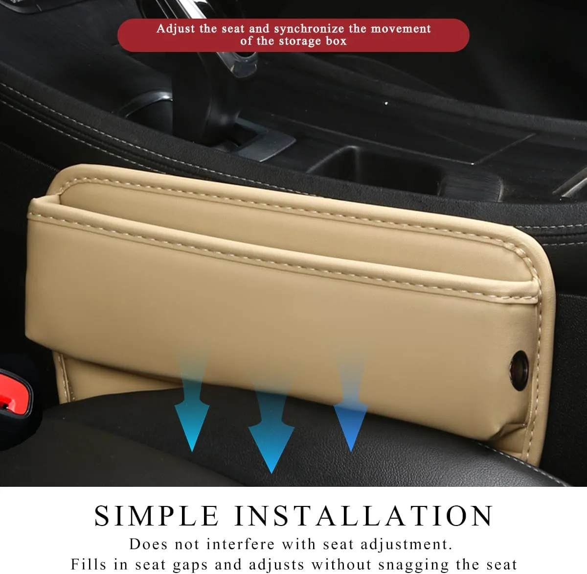 Car Gap Filler, Waterproof Leather Auto Front Seat Gap Filler with Charging Cable Hole, Soft & Foldable Center Console Storage Box for Phones Cards Keys, Car Accessories (Beige)