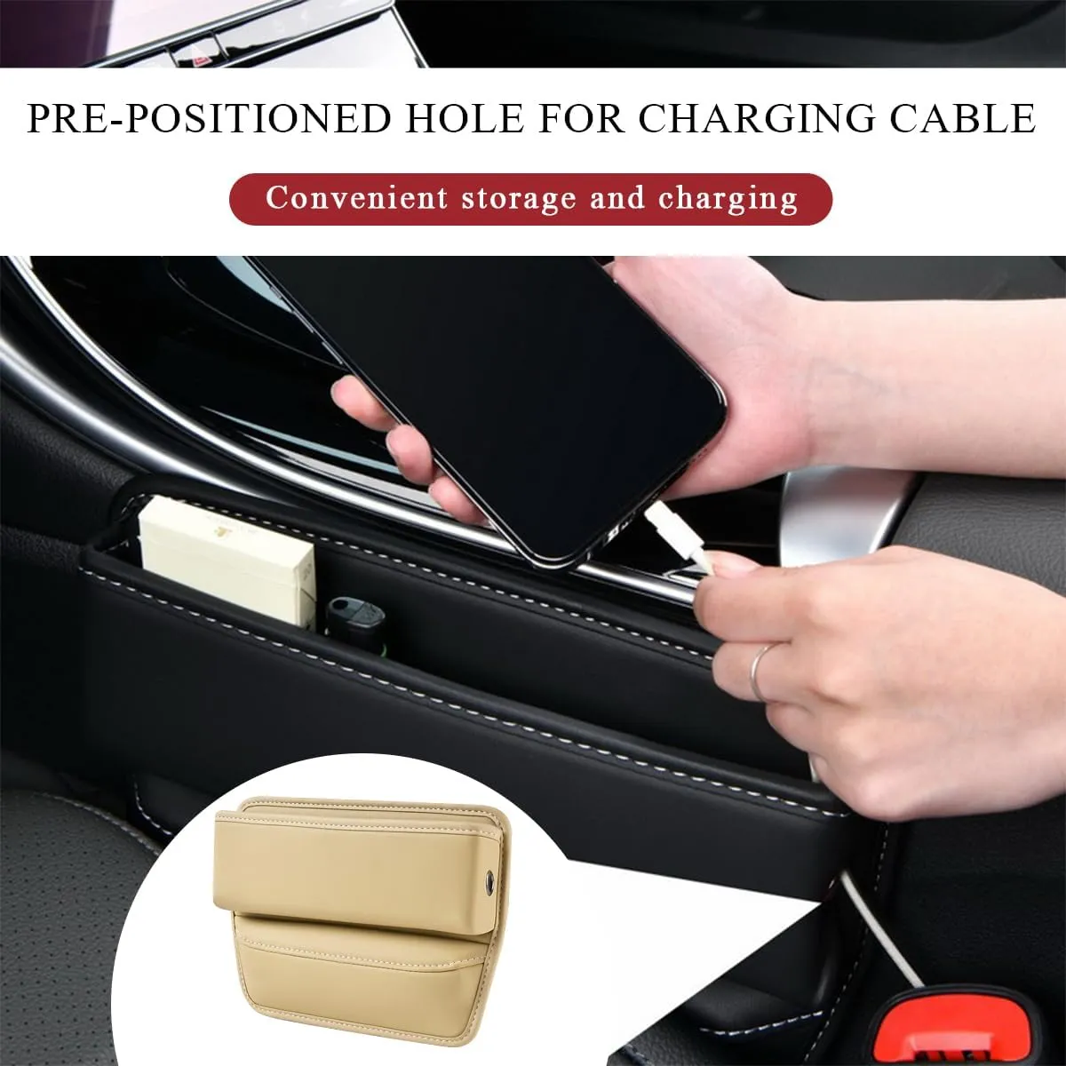 Car Gap Filler, Waterproof Leather Auto Front Seat Gap Filler with Charging Cable Hole, Soft & Foldable Center Console Storage Box for Phones Cards Keys, Car Accessories (Beige)