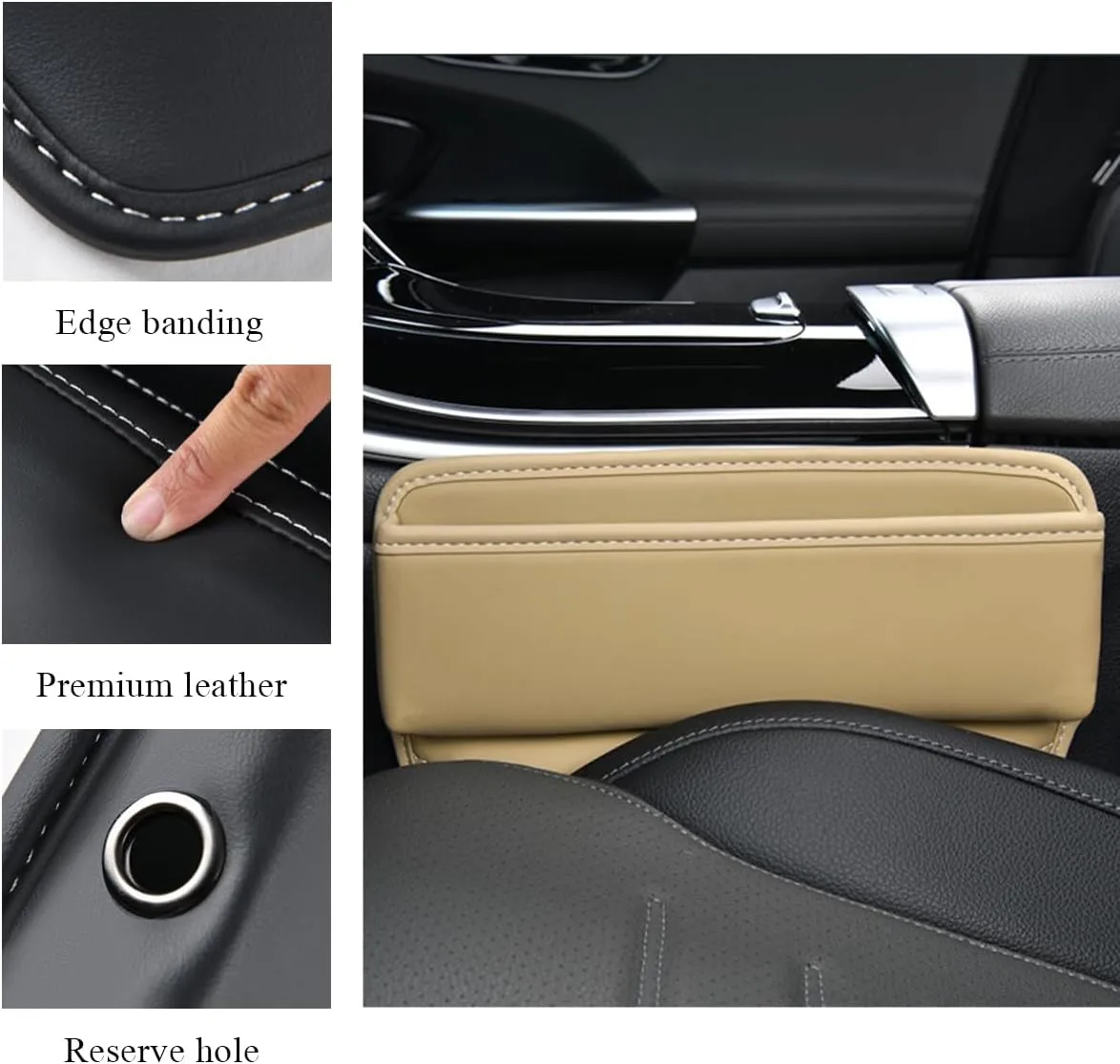 Car Gap Filler, Waterproof Leather Auto Front Seat Gap Filler with Charging Cable Hole, Soft & Foldable Center Console Storage Box for Phones Cards Keys, Car Accessories (Beige)
