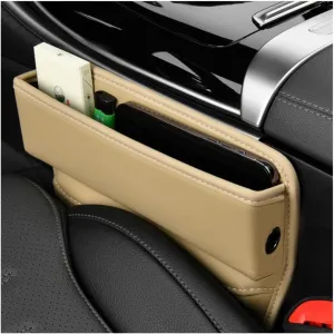 Car Gap Filler, Waterproof Leather Auto Front Seat Gap Filler with Charging Cable Hole, Soft & Foldable Center Console Storage Box for Phones Cards Keys, Car Accessories (Beige)