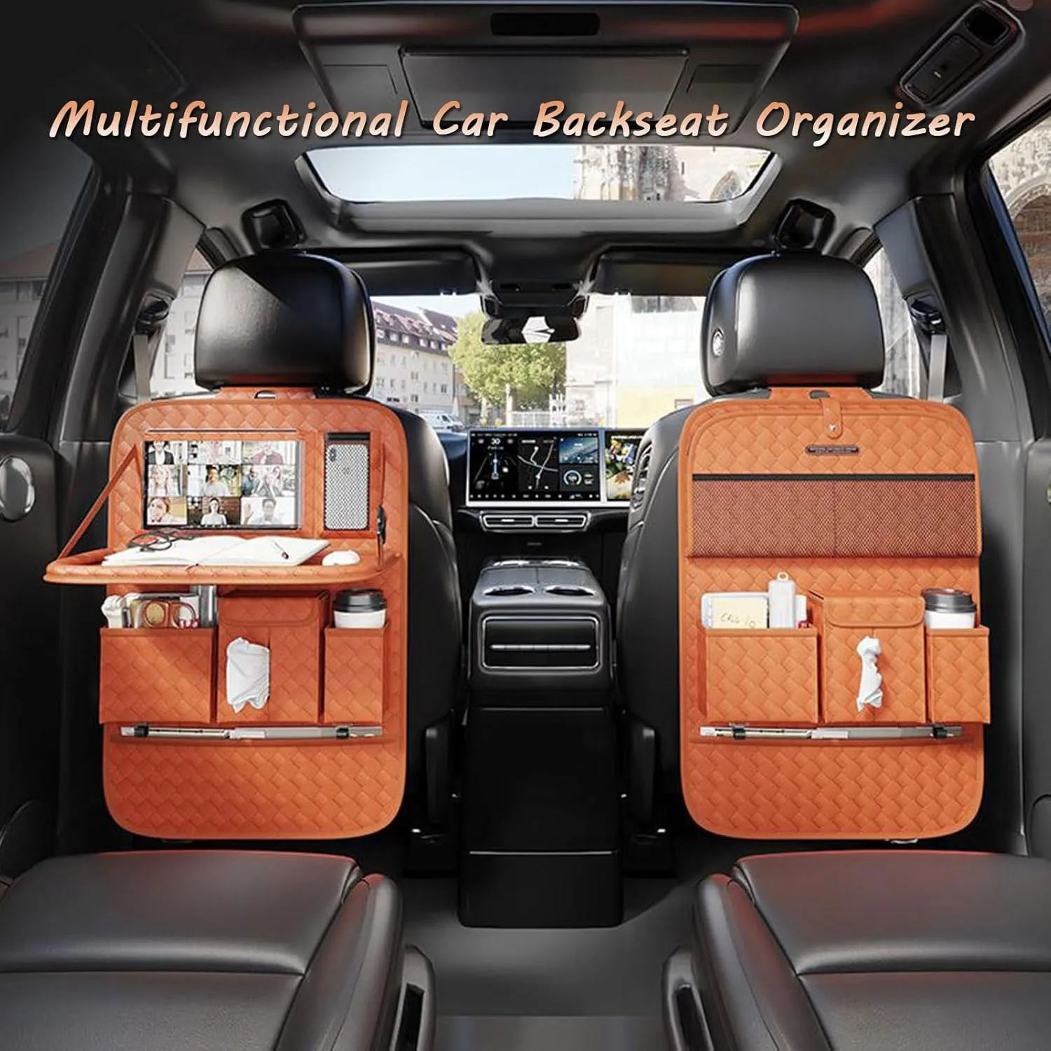 Car Rear Seat Back Storage Bag for Ford Focus 2016-2023,Storage Pockets with Foldable Tray Protectorsm,Kick Mats Travel Accessories,1pc-C
