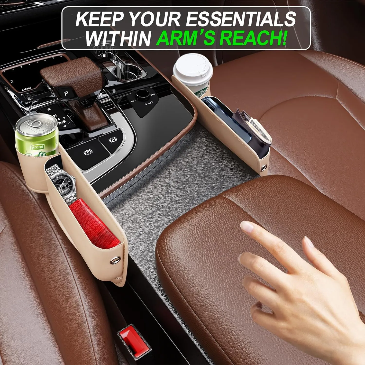 Car Seat Gap Filler,Car Leather Cup Holder Gap Bag,Universal Seat Gap Organizer, Adjustable Car Seat Storage Box, for Phones Glasses Keys Cards (Beige, Driver's Seat)