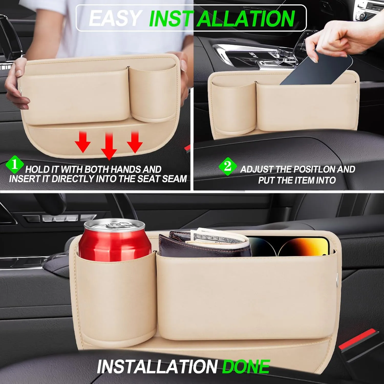 Car Seat Gap Filler,Car Leather Cup Holder Gap Bag,Universal Seat Gap Organizer, Adjustable Car Seat Storage Box, for Phones Glasses Keys Cards (Beige, Driver's Seat)