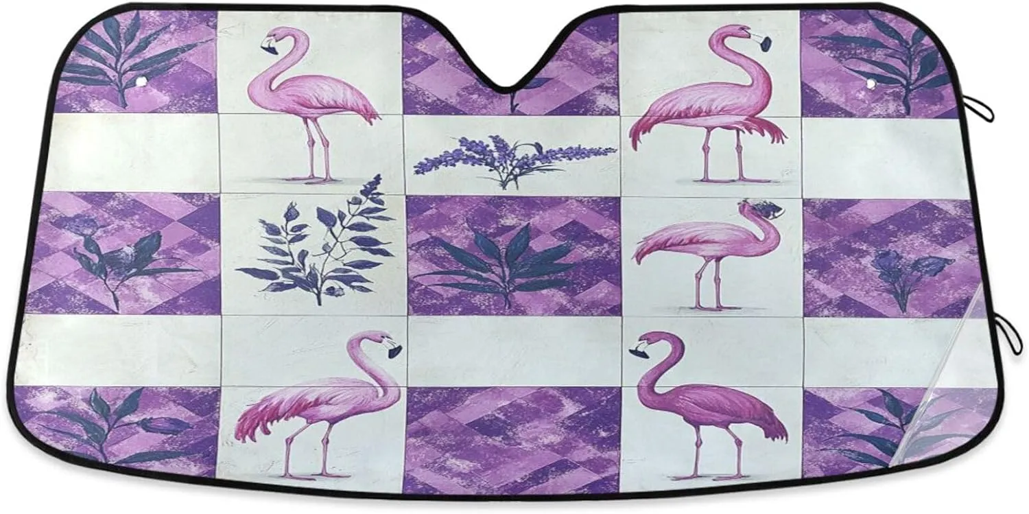 Car Sun Shade Windshield Reflective Aluminum Bubble Sun Shade for Car Windshield Blocks UV Rays & Heat (S/M/L) Purple Checkerboard Flamingos Lavender