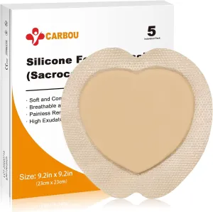 Carbou Silicone Sacrum Foam Dressing, 9''x9''(23cm x 23cm) Bordered Adhesive Sacral Foam Dressing, Box of 5 Dressings