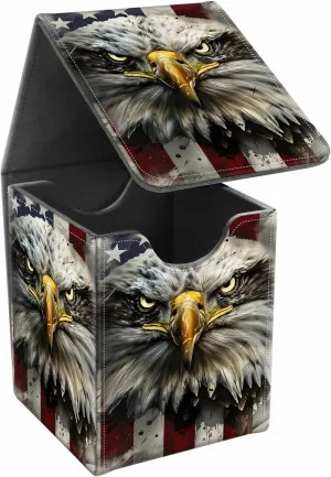 Card Deck Box, Card Storage Box Fits 100  Single Sleeved Cards, Large Capacity PU Leather Card Storage Box with Strong Magnet for Magic Commander TCG CCG, American Flag Eagle