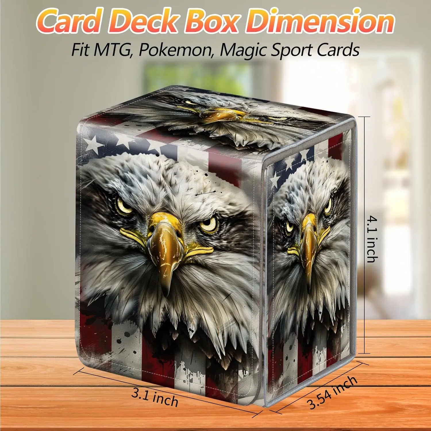 Card Deck Box, Card Storage Box Fits 100  Single Sleeved Cards, Large Capacity PU Leather Card Storage Box with Strong Magnet for Magic Commander TCG CCG, American Flag Eagle