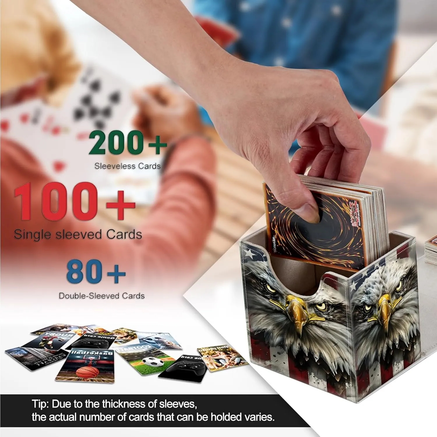 Card Deck Box, Card Storage Box Fits 100  Single Sleeved Cards, Large Capacity PU Leather Card Storage Box with Strong Magnet for Magic Commander TCG CCG, American Flag Eagle