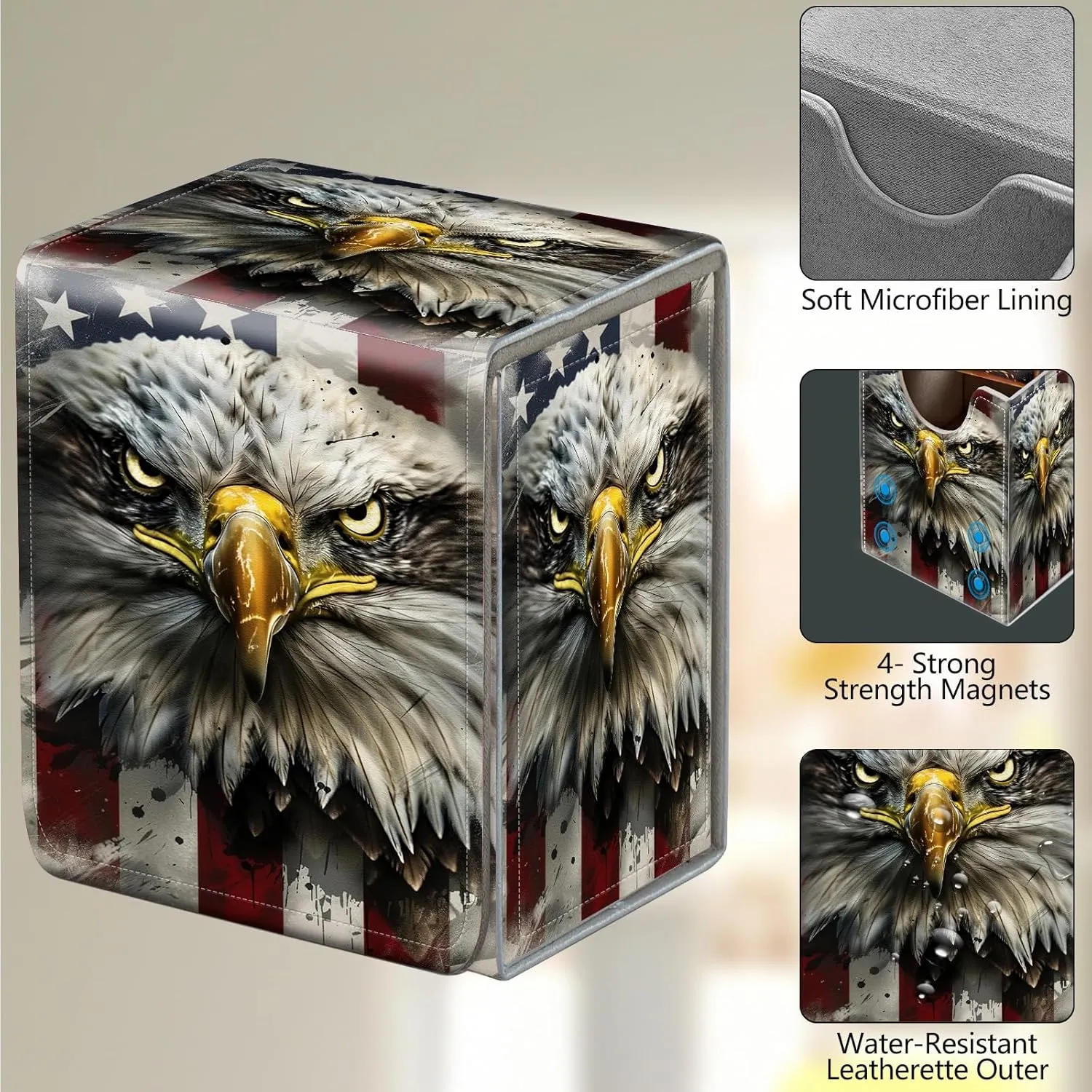 Card Deck Box, Card Storage Box Fits 100  Single Sleeved Cards, Large Capacity PU Leather Card Storage Box with Strong Magnet for Magic Commander TCG CCG, American Flag Eagle