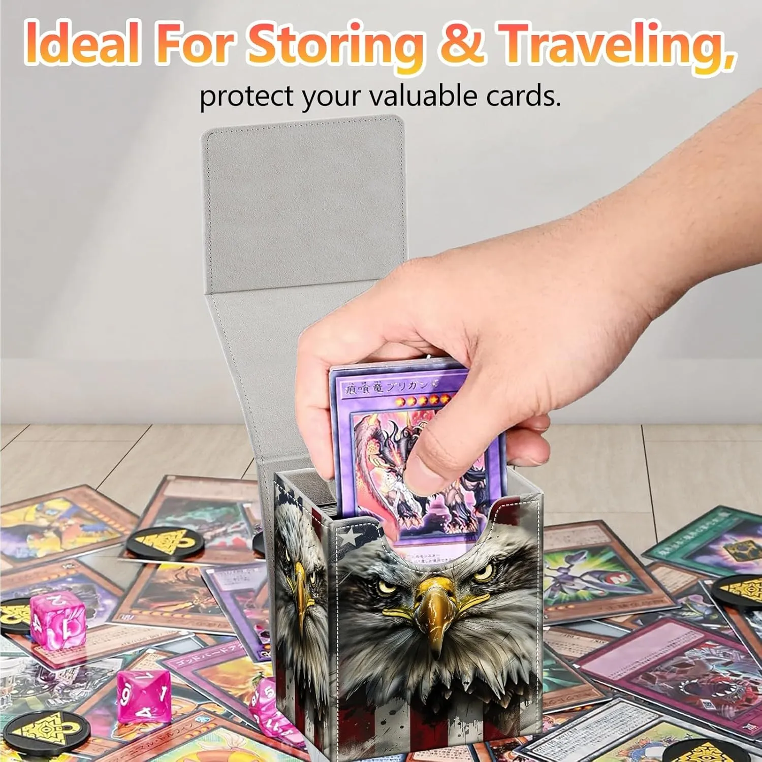 Card Deck Box, Card Storage Box Fits 100  Single Sleeved Cards, Large Capacity PU Leather Card Storage Box with Strong Magnet for Magic Commander TCG CCG, American Flag Eagle