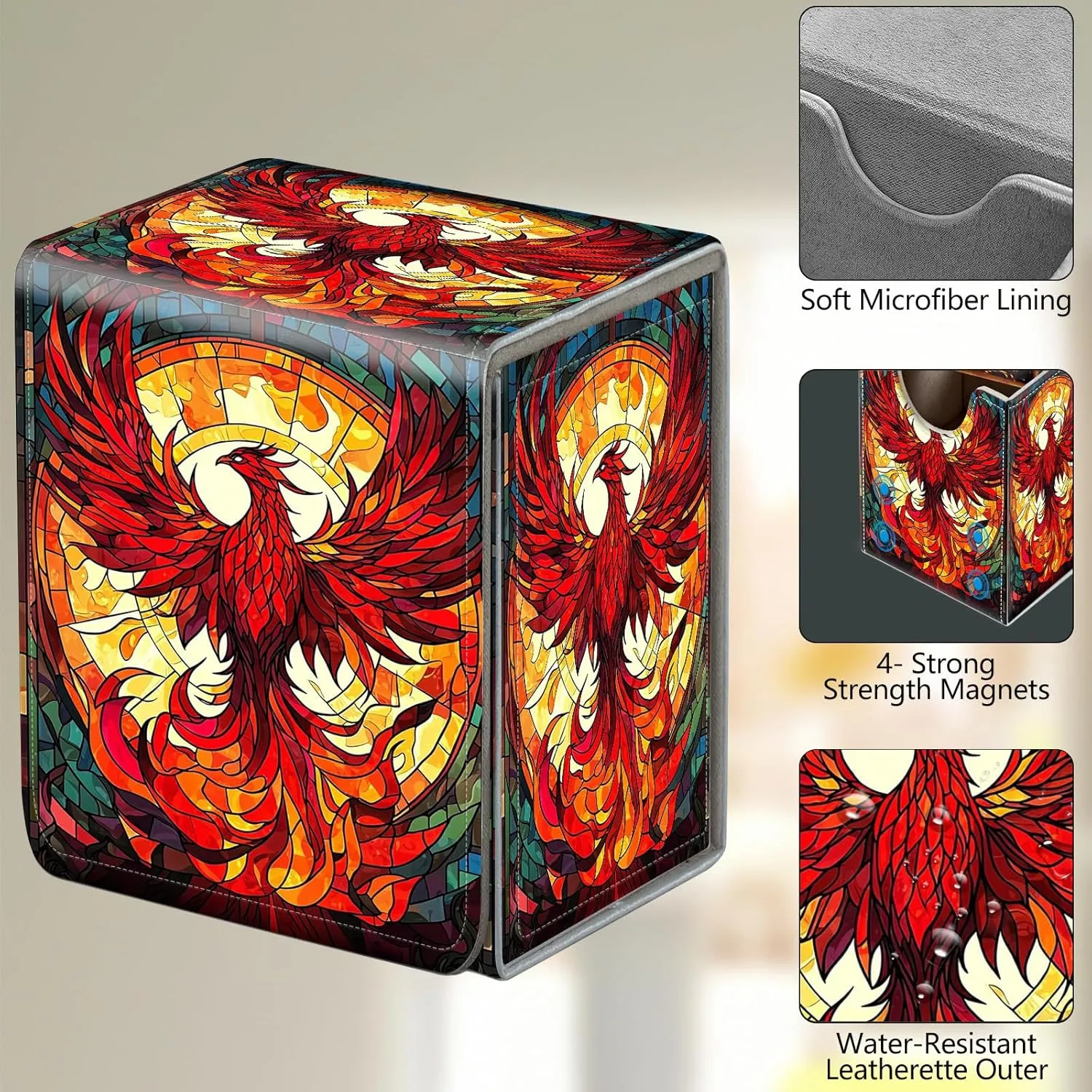 Card Deck Box, Card Storage Box Fits 100  Single Sleeved Cards, Large Capacity PU Leather Card Storage Box with Strong Magnet for Magic Commander TCG/CCG, Magic Phoenix