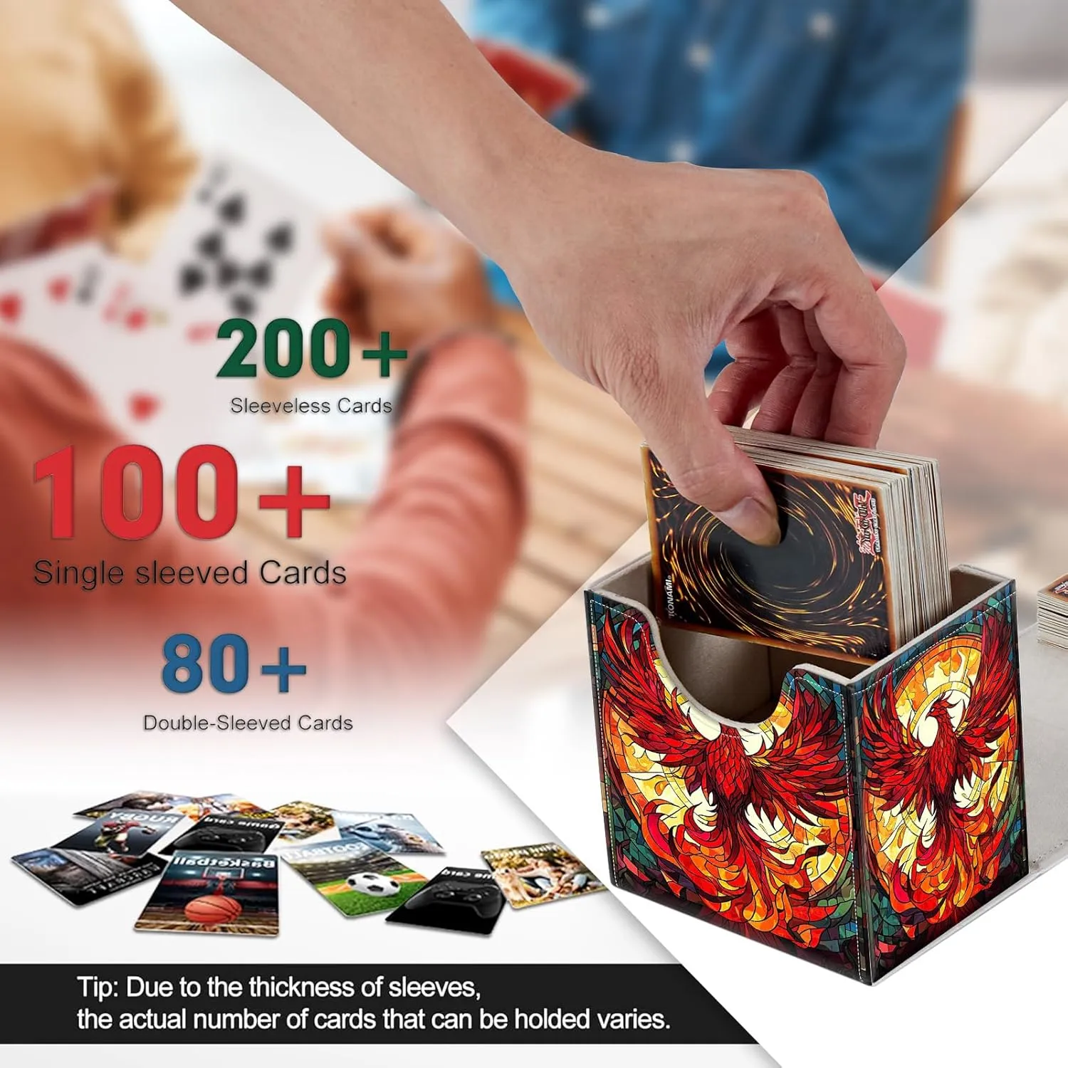 Card Deck Box, Card Storage Box Fits 100  Single Sleeved Cards, Large Capacity PU Leather Card Storage Box with Strong Magnet for Magic Commander TCG/CCG, Magic Phoenix
