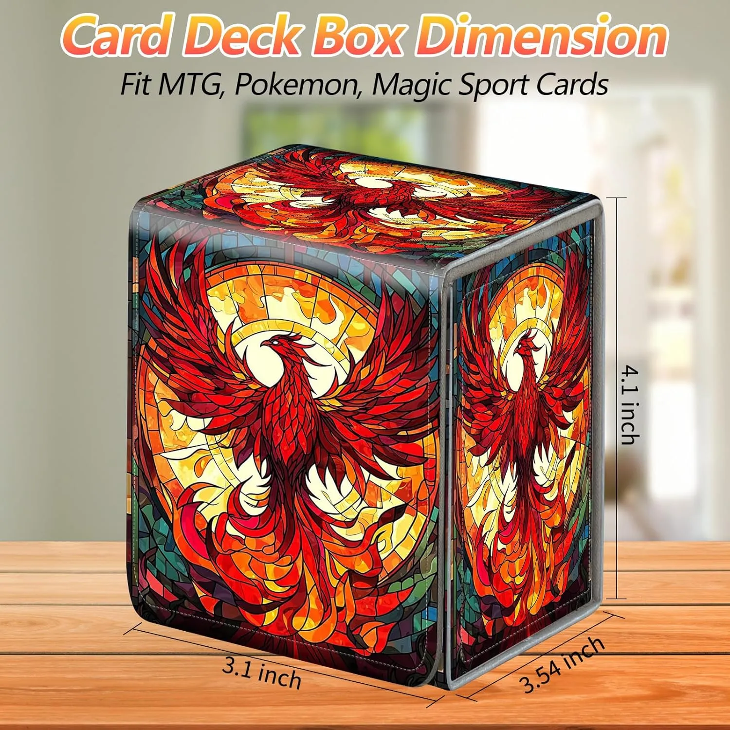 Card Deck Box, Card Storage Box Fits 100  Single Sleeved Cards, Large Capacity PU Leather Card Storage Box with Strong Magnet for Magic Commander TCG/CCG, Magic Phoenix